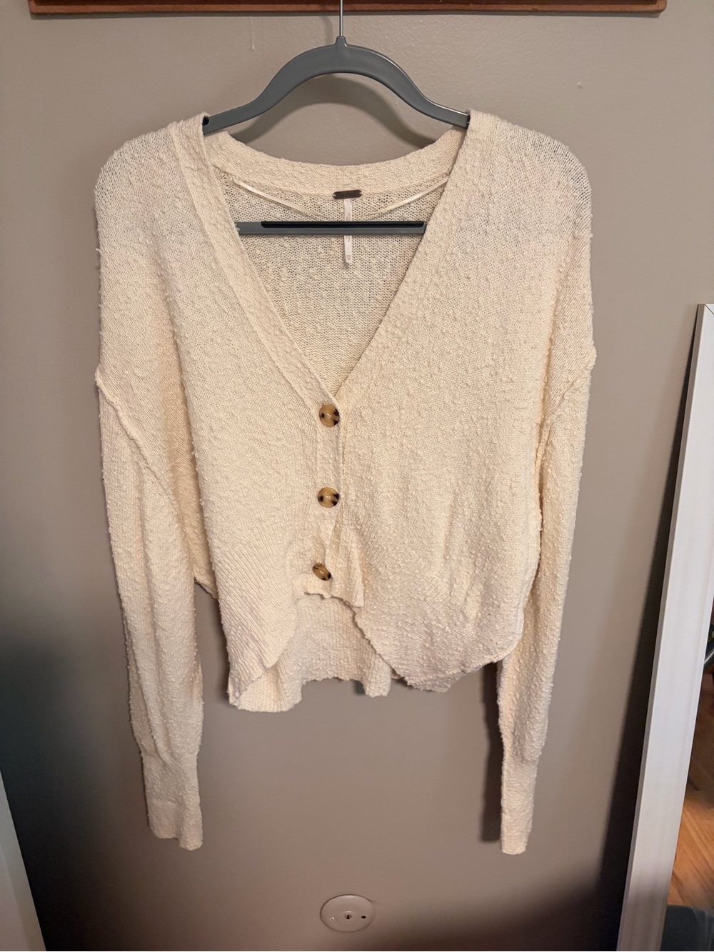 Free People Textured Cream V-Neck Button Front Cardigan